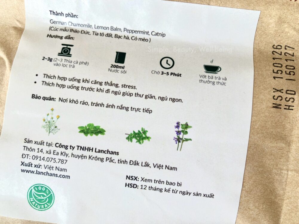 お気に入りのベトナム産オーガニックハーブティーLANCHANS（ランチャンズ）のHAPPY DREAMのパッケージ裏商品説明